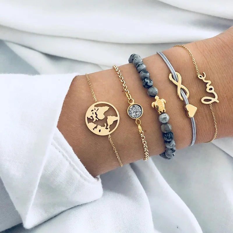 New Design Vintage Women Boho Bracelets Set Moon Shell Heart Tortoise Charm Beads Chains Bangle