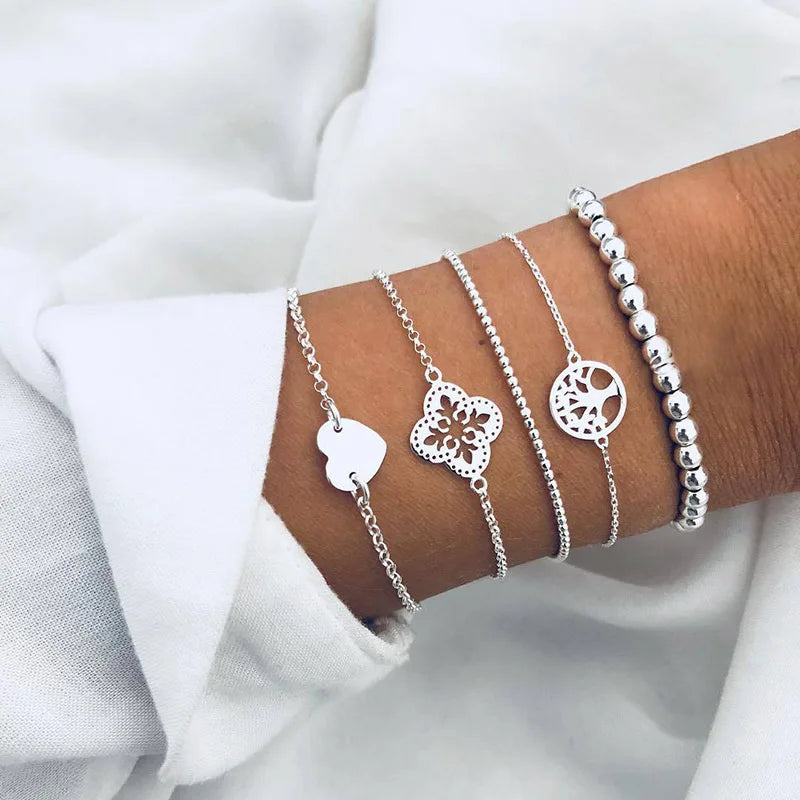 New Design Vintage Women Boho Bracelets Set Moon Shell Heart Tortoise Charm Beads Chains Bangle