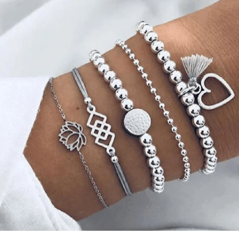 New Design Vintage Women Boho Bracelets Set Moon Shell Heart Tortoise Charm Beads Chains Bangle