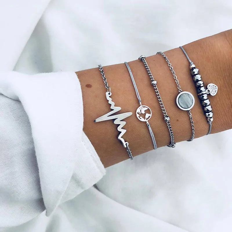 New Design Vintage Women Boho Bracelets Set Moon Shell Heart Tortoise Charm Beads Chains Bangle