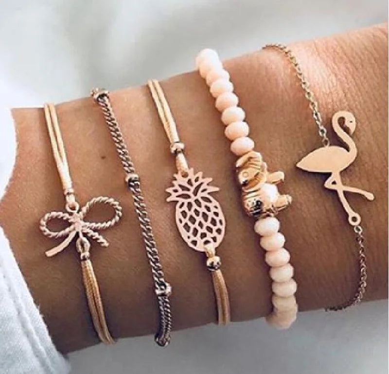 New Design Vintage Women Boho Bracelets Set Moon Shell Heart Tortoise Charm Beads Chains Bangle