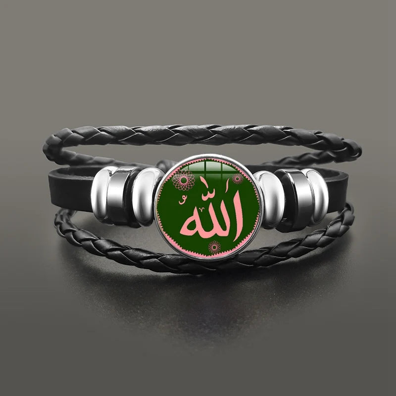 Islamic Muslims Allah Charm Bracelet Glass Dome Snap Button Leather Bracelets Wristband