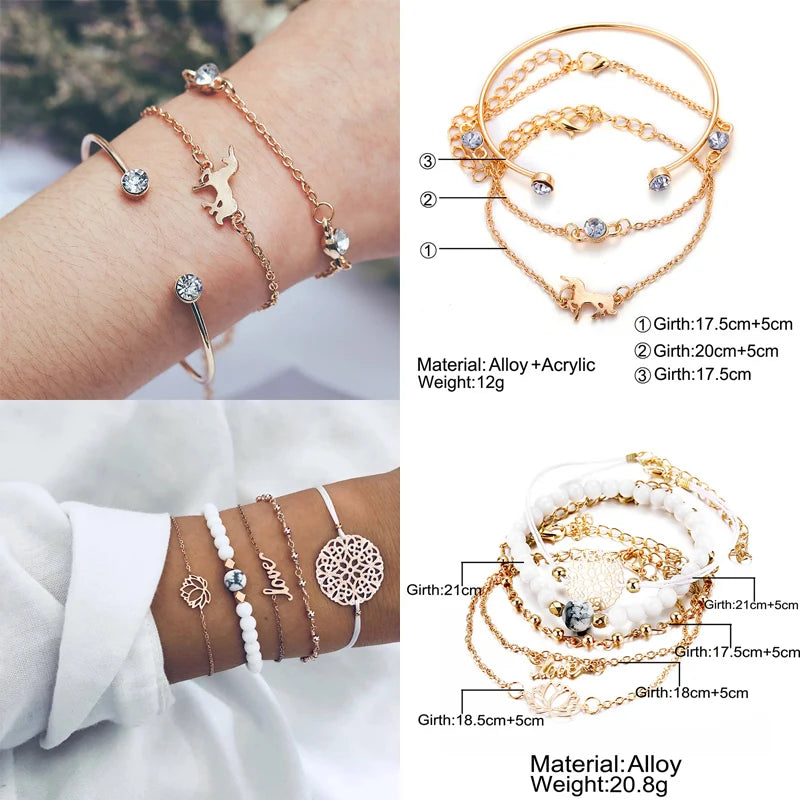 New Design Vintage Women Boho Bracelets Set Moon Shell Heart Tortoise Charm Beads Chains Bangle
