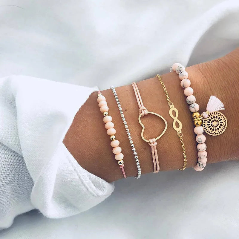 New Design Vintage Women Boho Bracelets Set Moon Shell Heart Tortoise Charm Beads Chains Bangle