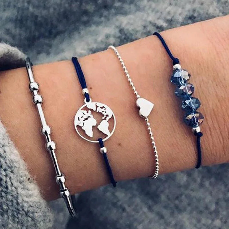 New Design Vintage Women Boho Bracelets Set Moon Shell Heart Tortoise Charm Beads Chains Bangle