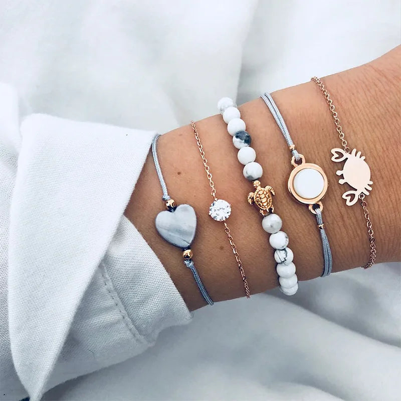 New Design Vintage Women Boho Bracelets Set Moon Shell Heart Tortoise Charm Beads Chains Bangle