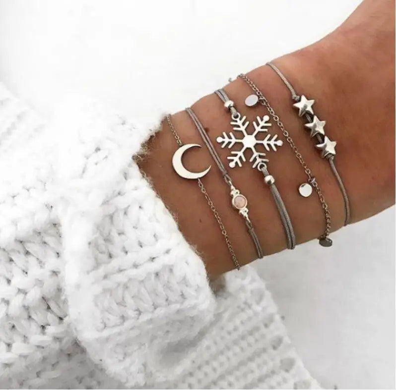 New Design Vintage Women Boho Bracelets Set Moon Shell Heart Tortoise Charm Beads Chains Bangle