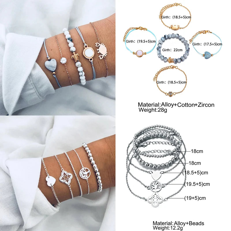 New Design Vintage Women Boho Bracelets Set Moon Shell Heart Tortoise Charm Beads Chains Bangle
