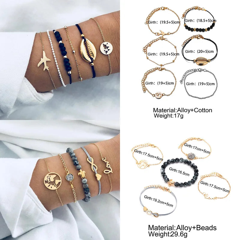 New Design Vintage Women Boho Bracelets Set Moon Shell Heart Tortoise Charm Beads Chains Bangle