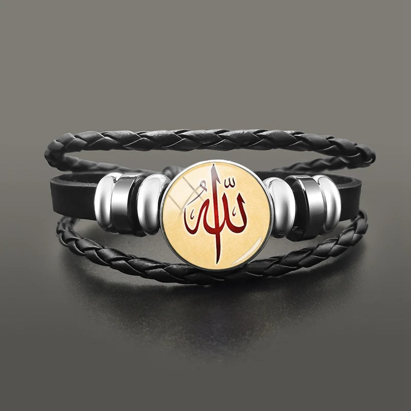 Islamic Muslims Allah Charm Bracelet Glass Dome Snap Button Leather Bracelets Wristband