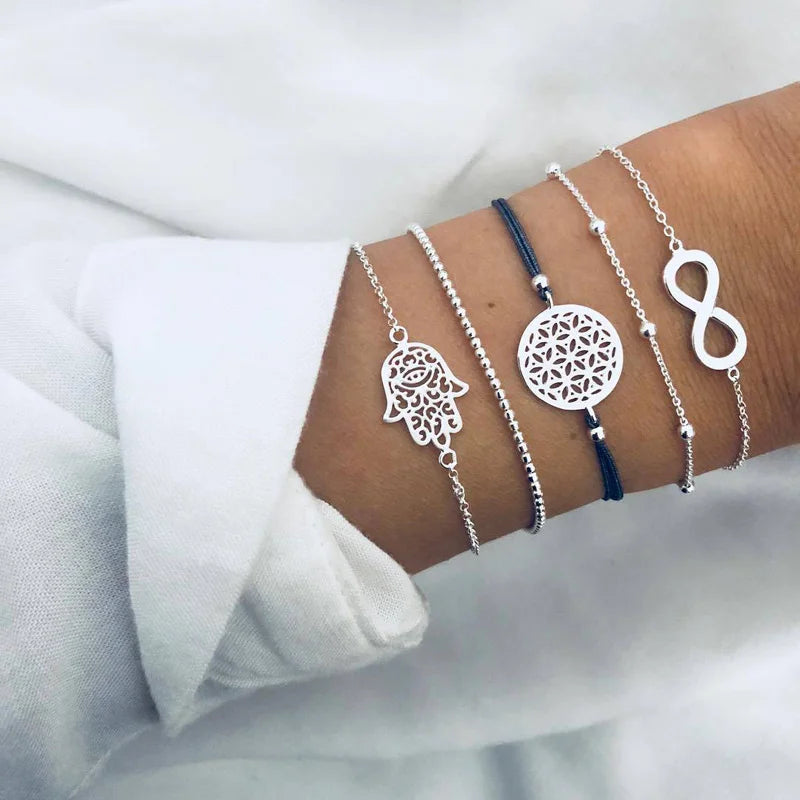 New Design Vintage Women Boho Bracelets Set Moon Shell Heart Tortoise Charm Beads Chains Bangle