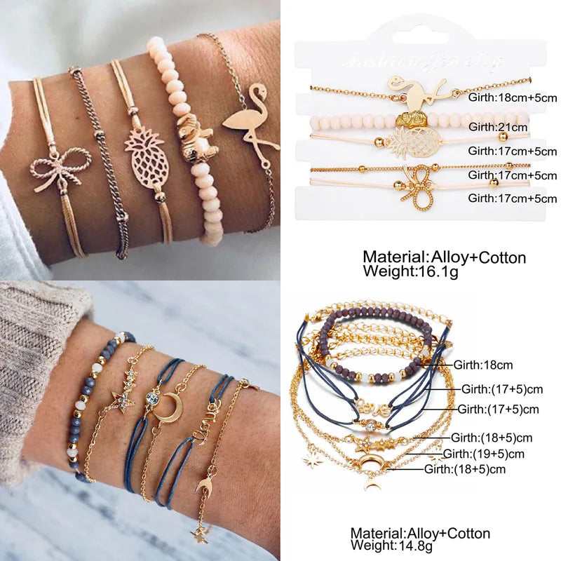 New Design Vintage Women Boho Bracelets Set Moon Shell Heart Tortoise Charm Beads Chains Bangle