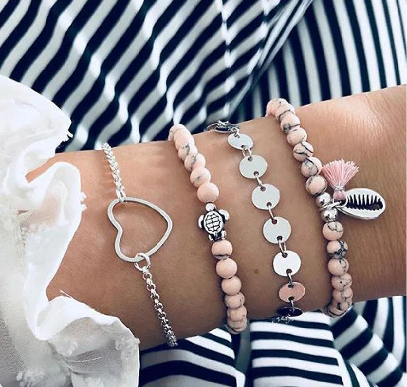 New Design Vintage Women Boho Bracelets Set Moon Shell Heart Tortoise Charm Beads Chains Bangle