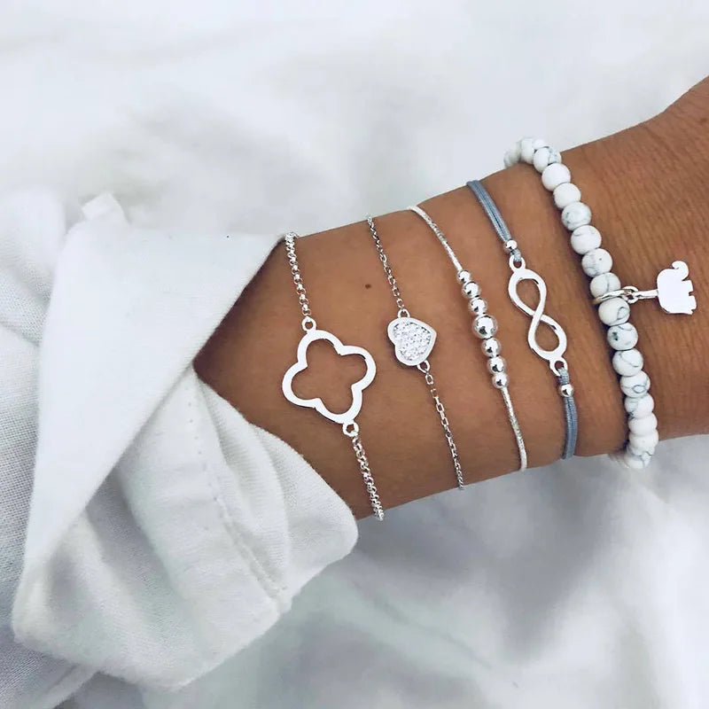 New Design Vintage Women Boho Bracelets Set Moon Shell Heart Tortoise Charm Beads Chains Bangle