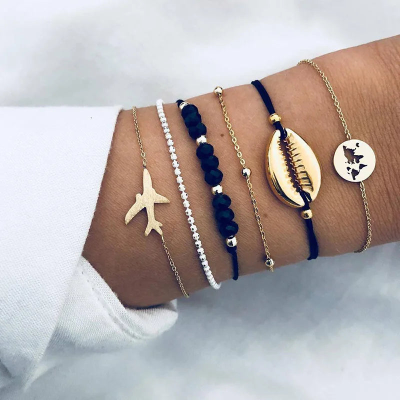 New Design Vintage Women Boho Bracelets Set Moon Shell Heart Tortoise Charm Beads Chains Bangle