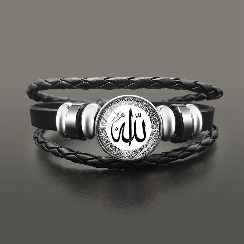 Islamic Muslims Allah Charm Bracelet Glass Dome Snap Button Leather Bracelets Wristband