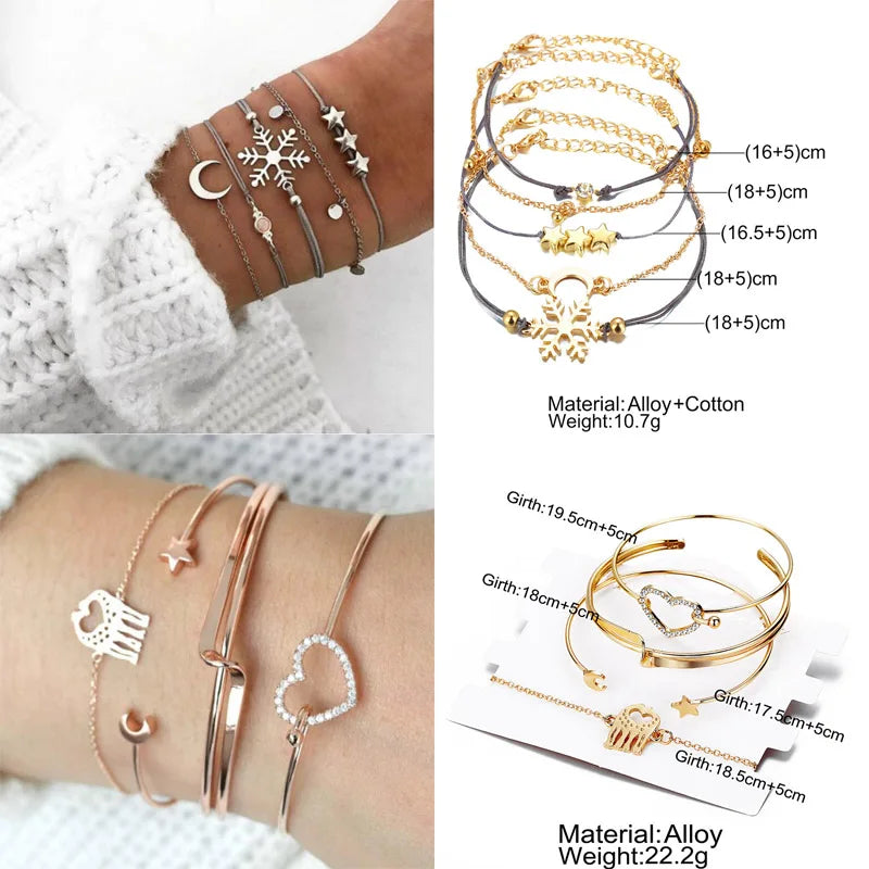 New Design Vintage Women Boho Bracelets Set Moon Shell Heart Tortoise Charm Beads Chains Bangle