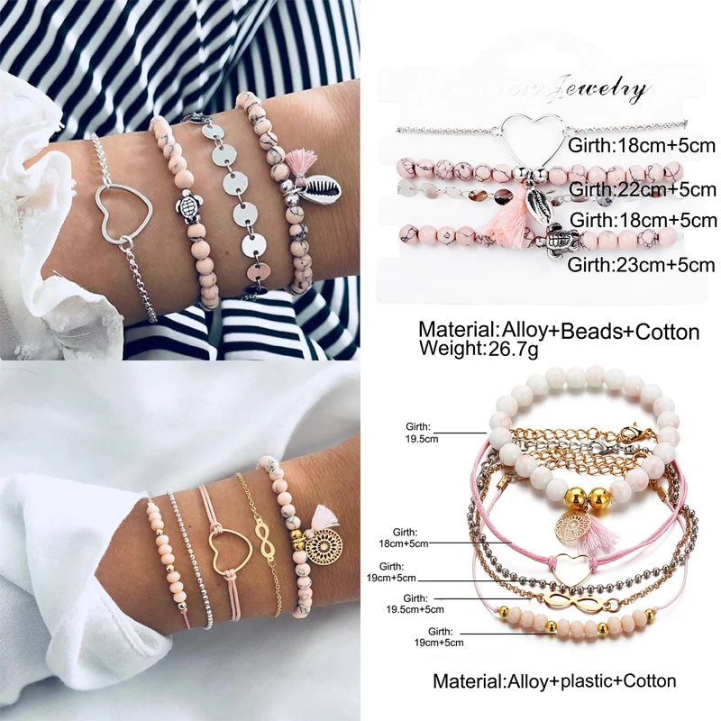 New Design Vintage Women Boho Bracelets Set Moon Shell Heart Tortoise Charm Beads Chains Bangle