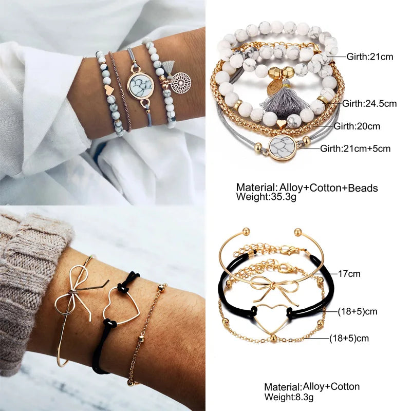 New Design Vintage Women Boho Bracelets Set Moon Shell Heart Tortoise Charm Beads Chains Bangle