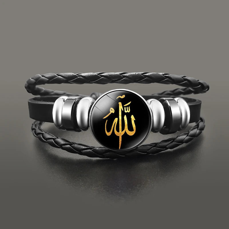 Islamic Muslims Allah Charm Bracelet Glass Dome Snap Button Leather Bracelets Wristband