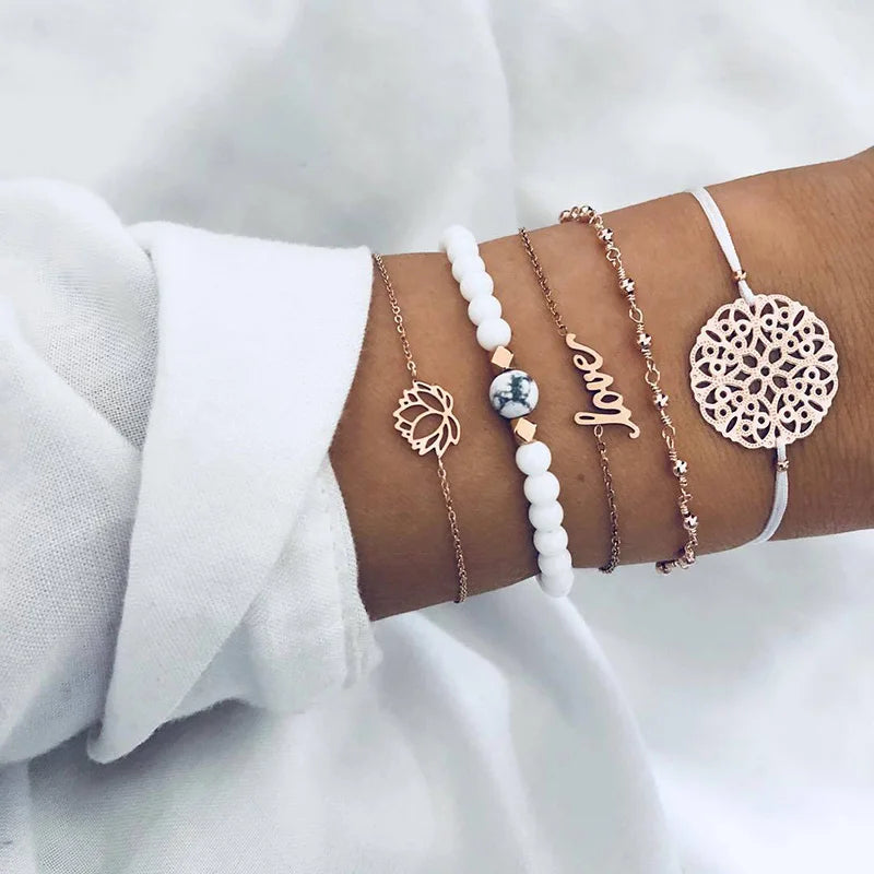 New Design Vintage Women Boho Bracelets Set Moon Shell Heart Tortoise Charm Beads Chains Bangle