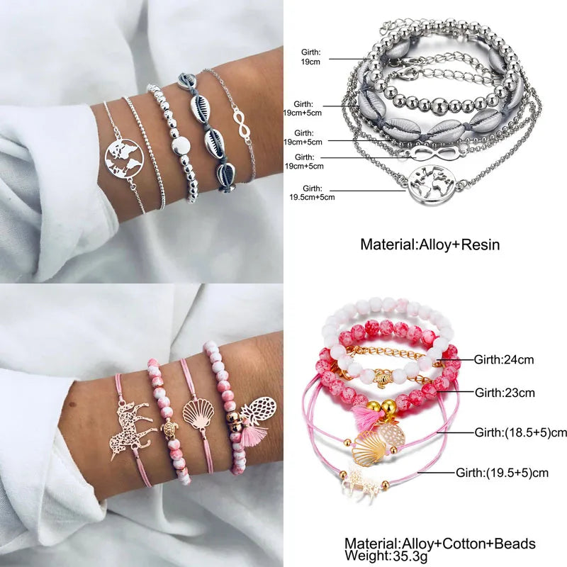 New Design Vintage Women Boho Bracelets Set Moon Shell Heart Tortoise Charm Beads Chains Bangle
