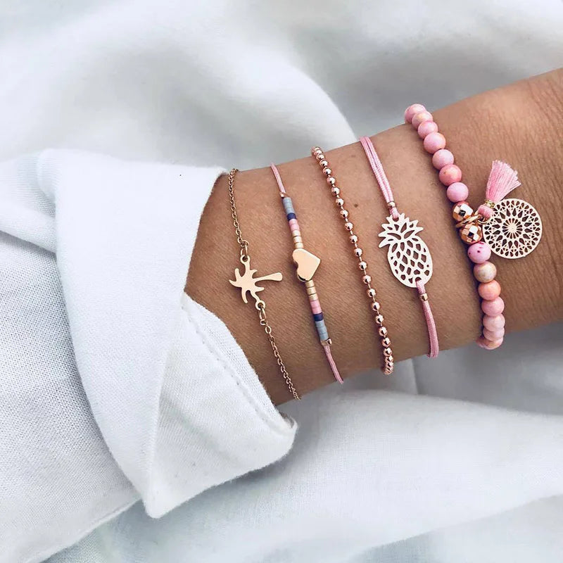 New Design Vintage Women Boho Bracelets Set Moon Shell Heart Tortoise Charm Beads Chains Bangle