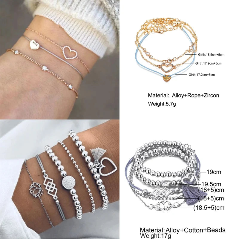 New Design Vintage Women Boho Bracelets Set Moon Shell Heart Tortoise Charm Beads Chains Bangle