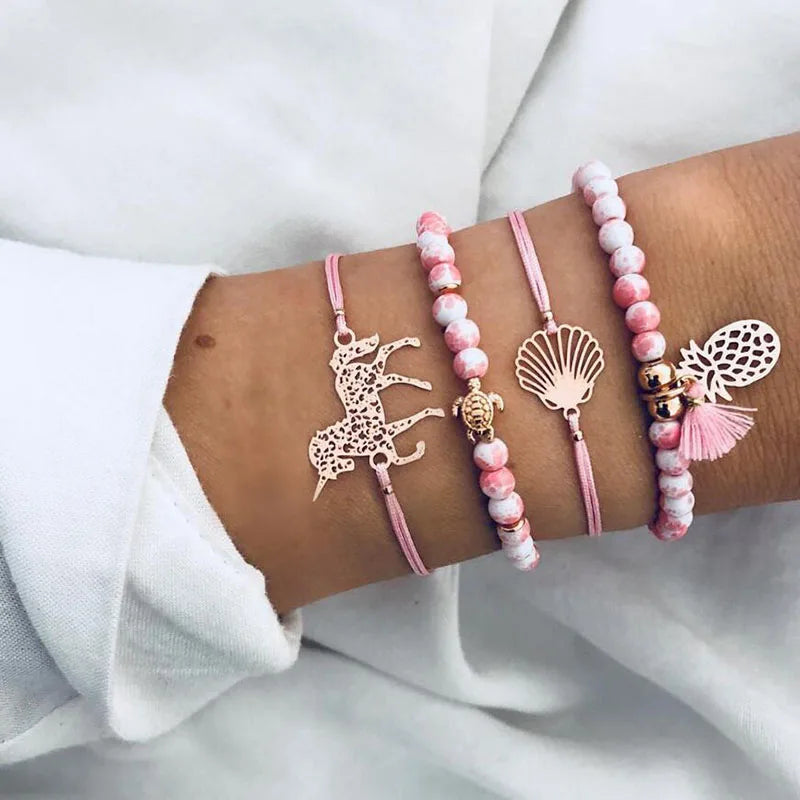 New Design Vintage Women Boho Bracelets Set Moon Shell Heart Tortoise Charm Beads Chains Bangle