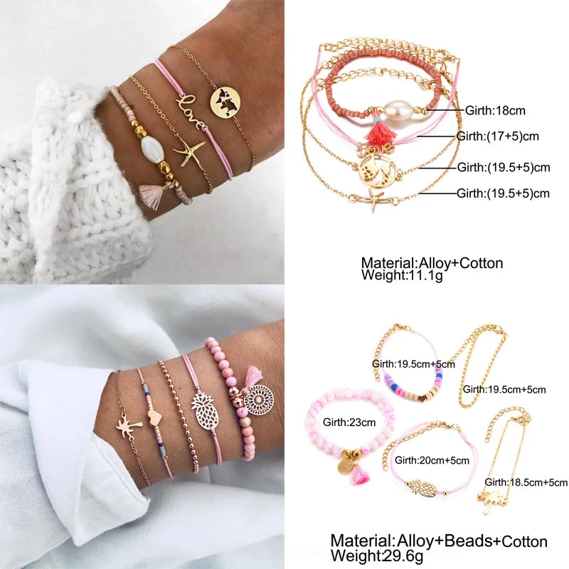 New Design Vintage Women Boho Bracelets Set Moon Shell Heart Tortoise Charm Beads Chains Bangle