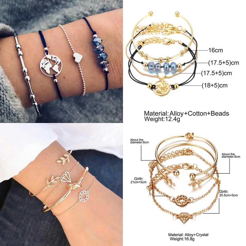 New Design Vintage Women Boho Bracelets Set Moon Shell Heart Tortoise Charm Beads Chains Bangle