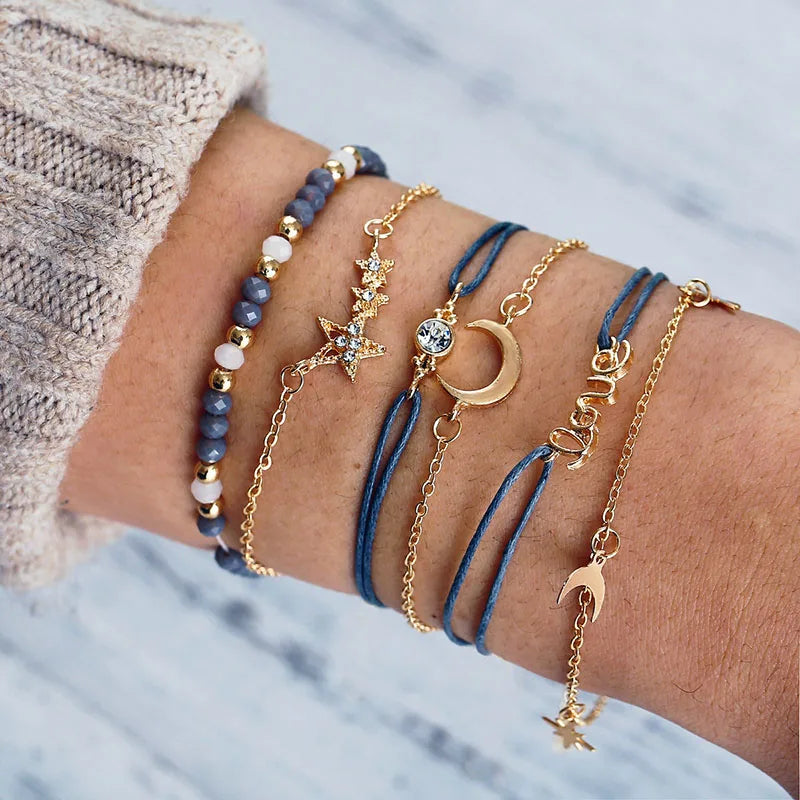 New Design Vintage Women Boho Bracelets Set Moon Shell Heart Tortoise Charm Beads Chains Bangle
