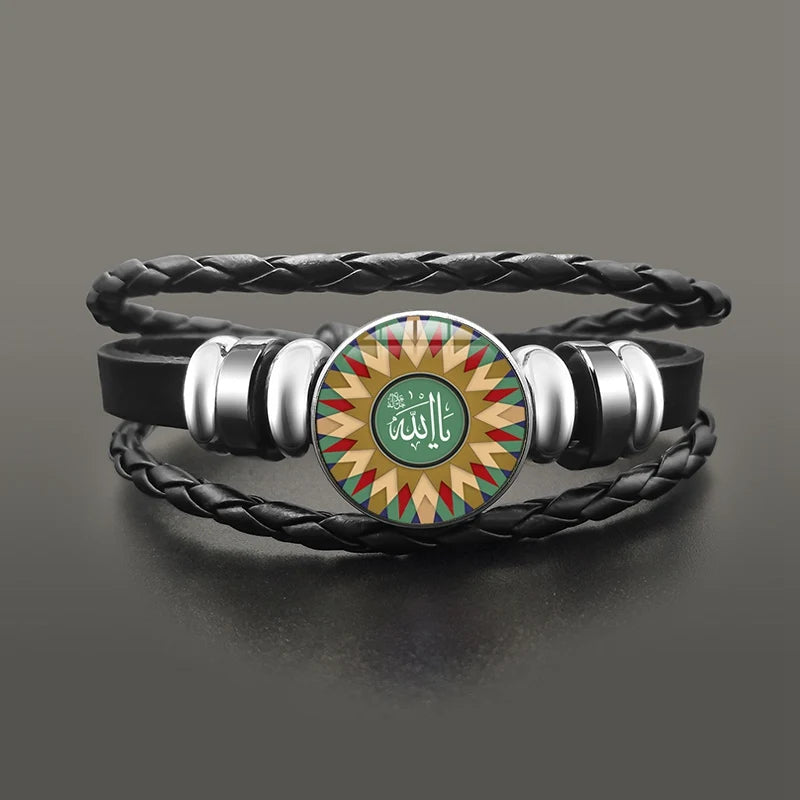 Islamic Muslims Allah Charm Bracelet Glass Dome Snap Button Leather Bracelets Wristband