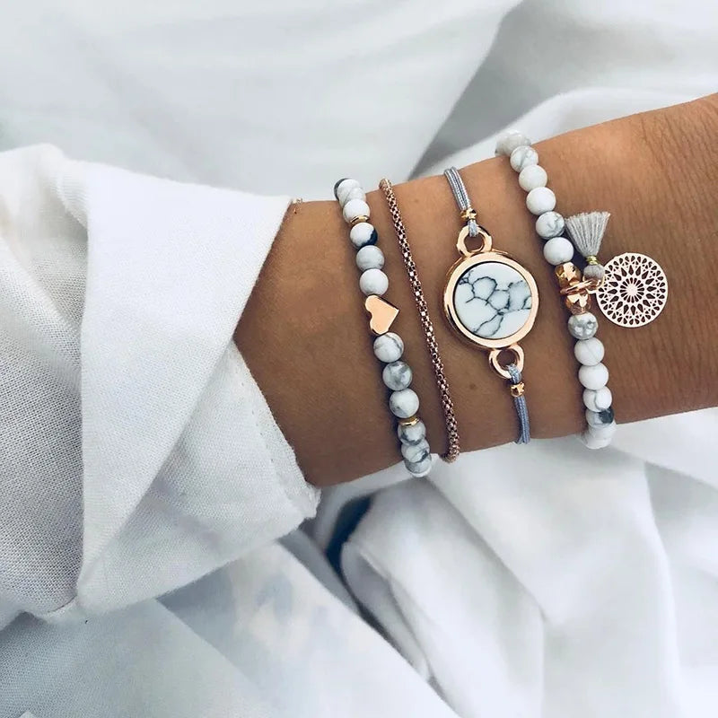 New Design Vintage Women Boho Bracelets Set Moon Shell Heart Tortoise Charm Beads Chains Bangle