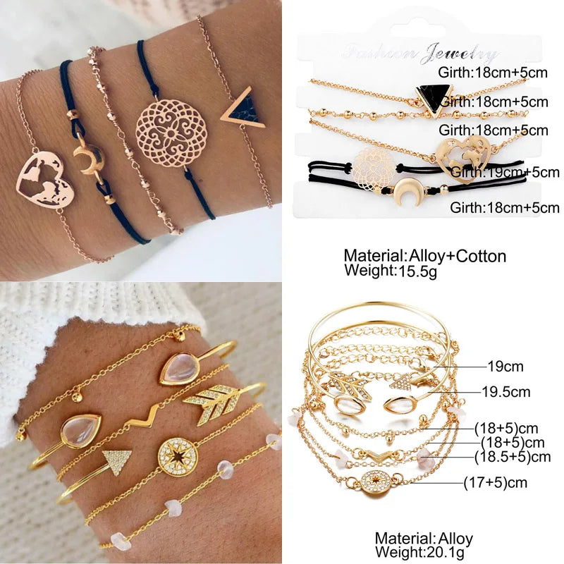 New Design Vintage Women Boho Bracelets Set Moon Shell Heart Tortoise Charm Beads Chains Bangle