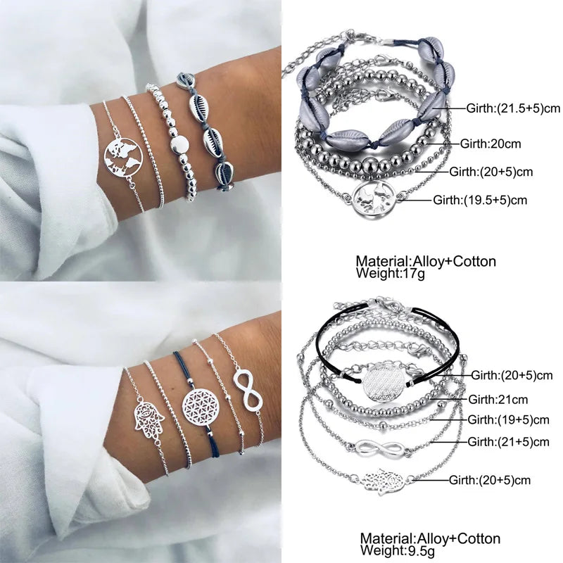 New Design Vintage Women Boho Bracelets Set Moon Shell Heart Tortoise Charm Beads Chains Bangle