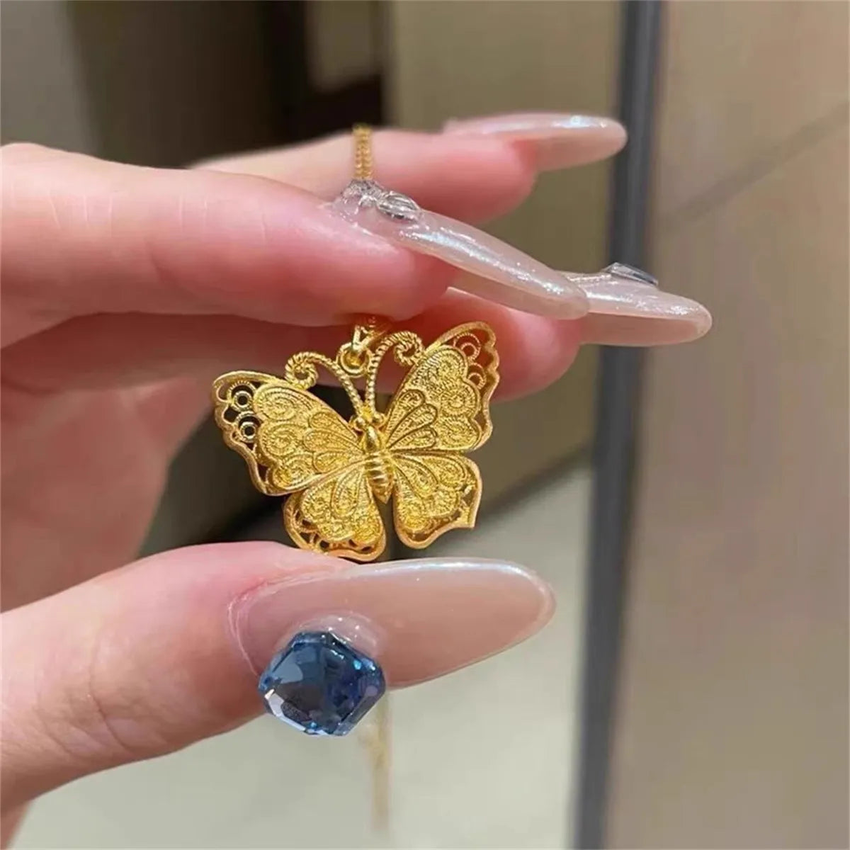 Shiny Pure 14 K Gold Color Butterfly Pendant Necklace