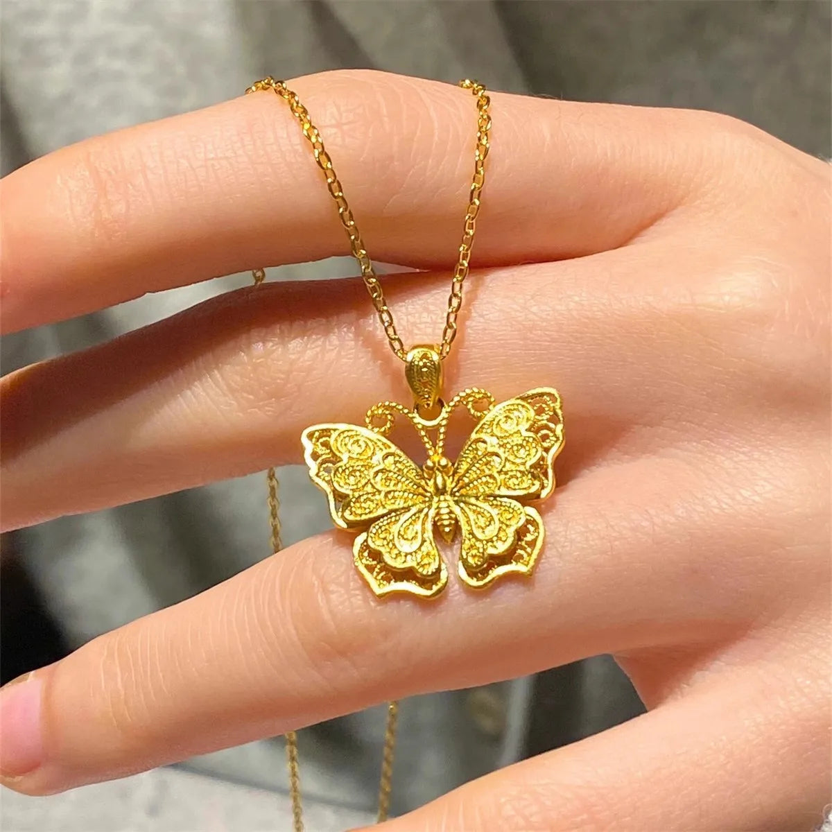 Shiny Pure 14 K Gold Color Butterfly Pendant Necklace