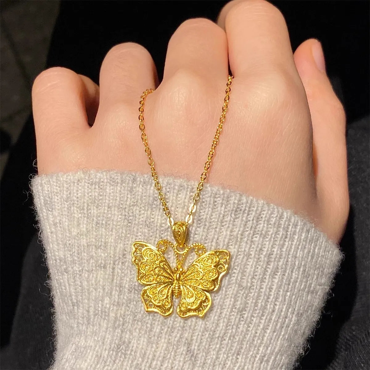 Shiny Pure 14 K Gold Color Butterfly Pendant Necklace