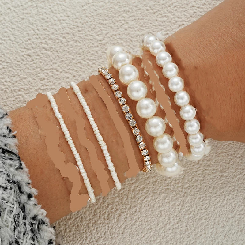 8pcs Daisy Flower Pendant Bracelet Set for Women Bohemian Beaded Enamel Star Heart Pearl Bangles