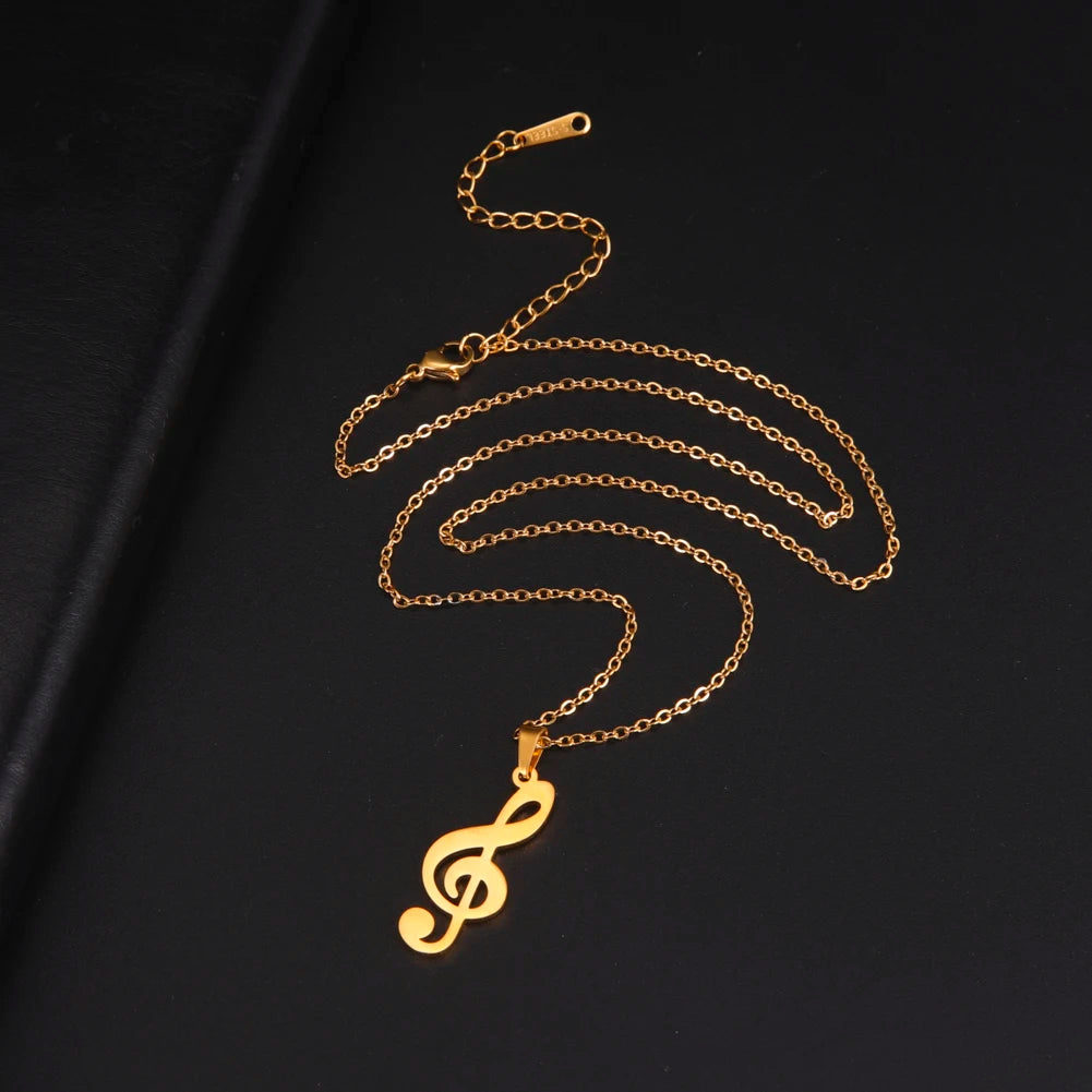 Music Note Pendant Necklace Stainless Steel
