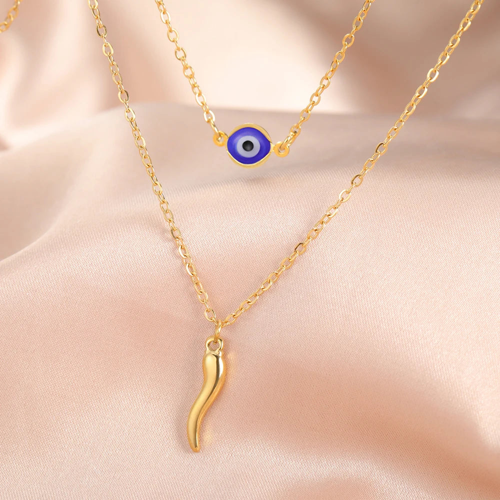 Italian Horn and Blue Evil Eye Charm Double Layer Necklace