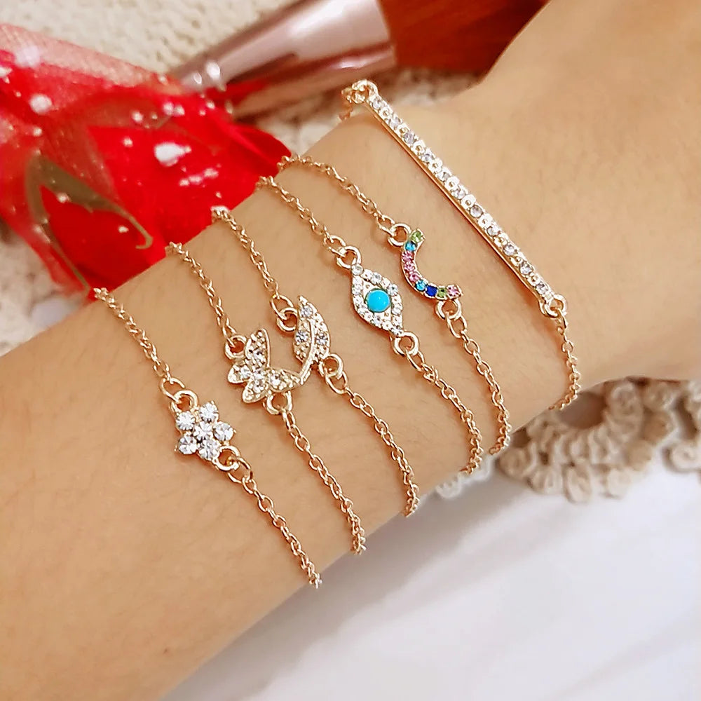Geometric Link Chain Bracelet Set For Women Rhinestones Gold Color Leaves Heart Pendant Open Cuff Bangle Jewelry