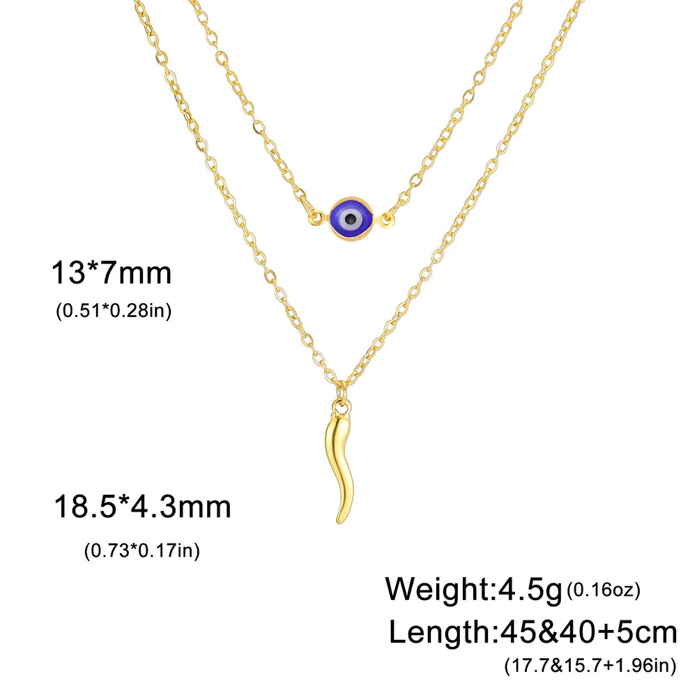Italian Horn and Blue Evil Eye Charm Double Layer Necklace
