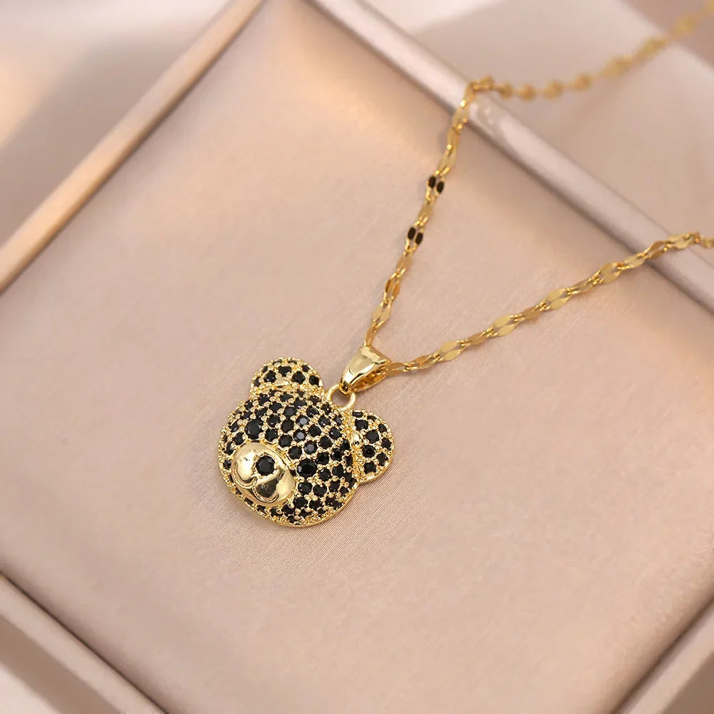 Cartoon Cute Animal Bear Encrusted with Zircon Necklaces Stainless Steel Collarbone Chain