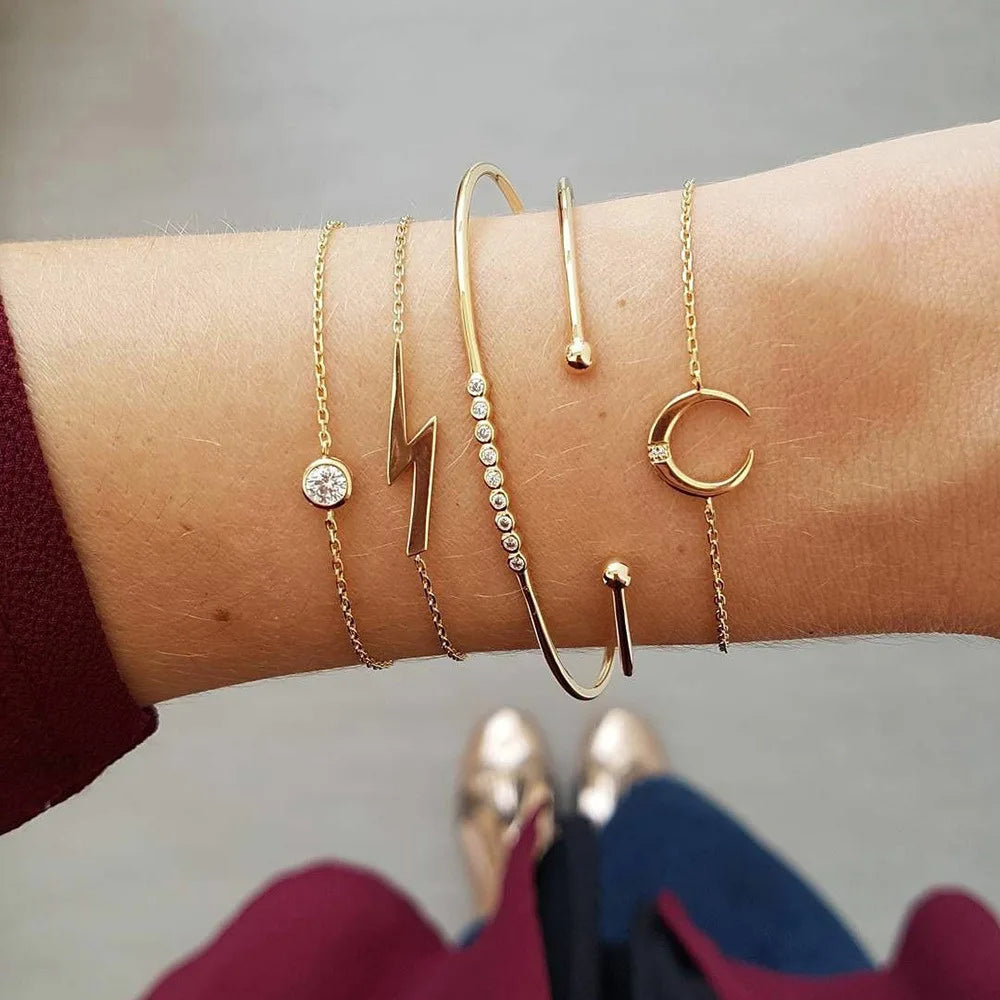 Geometric Link Chain Bracelet Set For Women Rhinestones Gold Color Leaves Heart Pendant Open Cuff Bangle Jewelry
