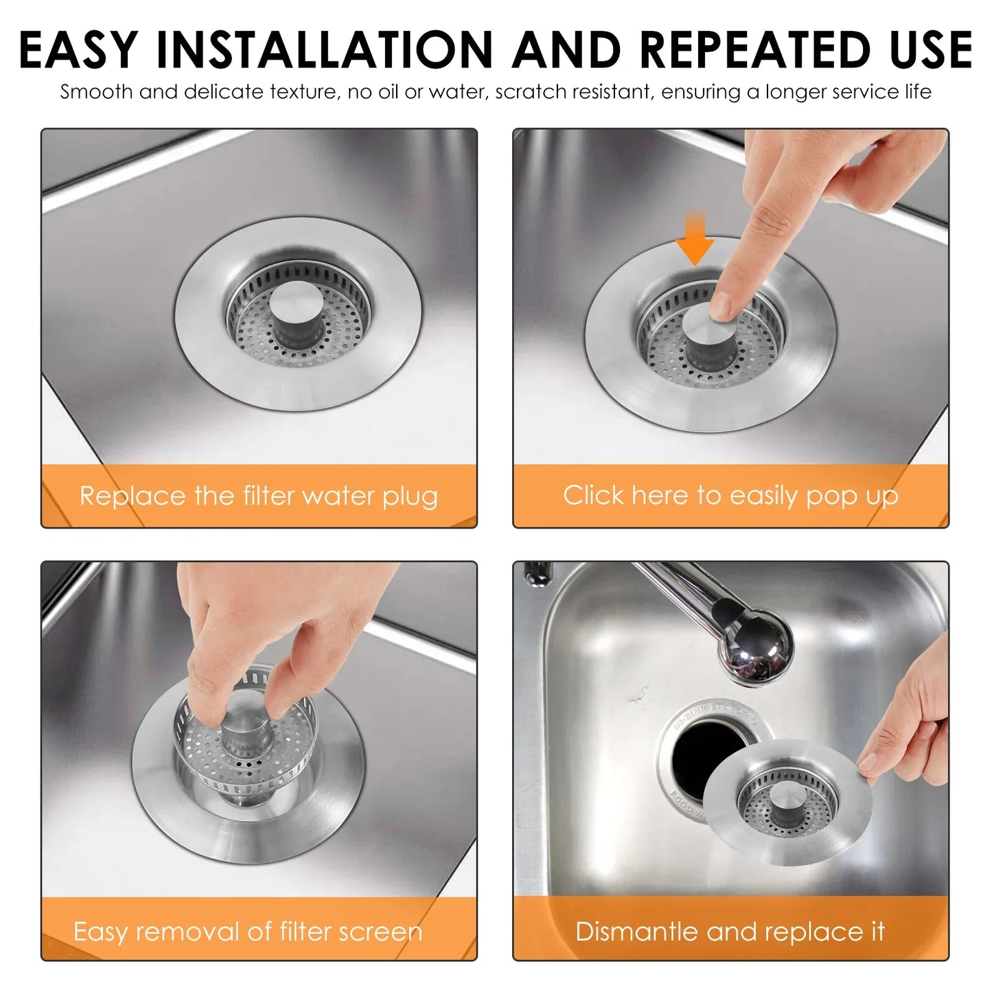 3 In 1 Kitchen Sink Drain Strainer Stainless-Steel Pop-Up Sink Stopper, Anti Clogging
