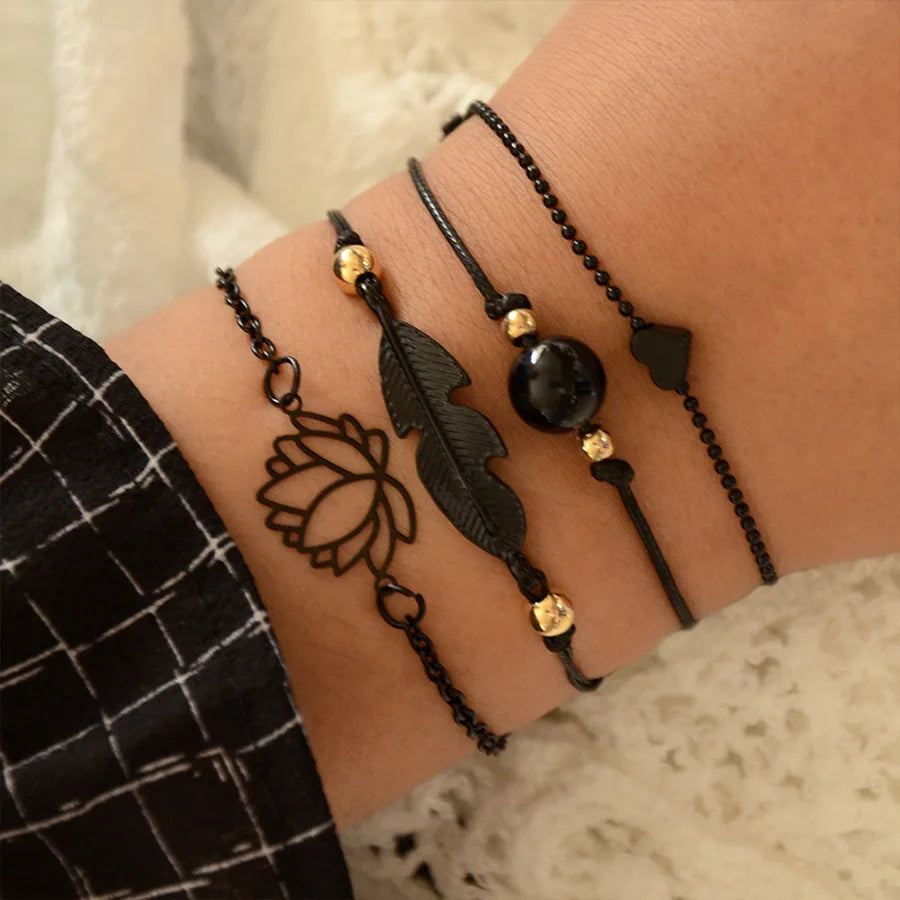 Geometric Link Chain Bracelet Set For Women Rhinestones Gold Color Leaves Heart Pendant Open Cuff Bangle Jewelry