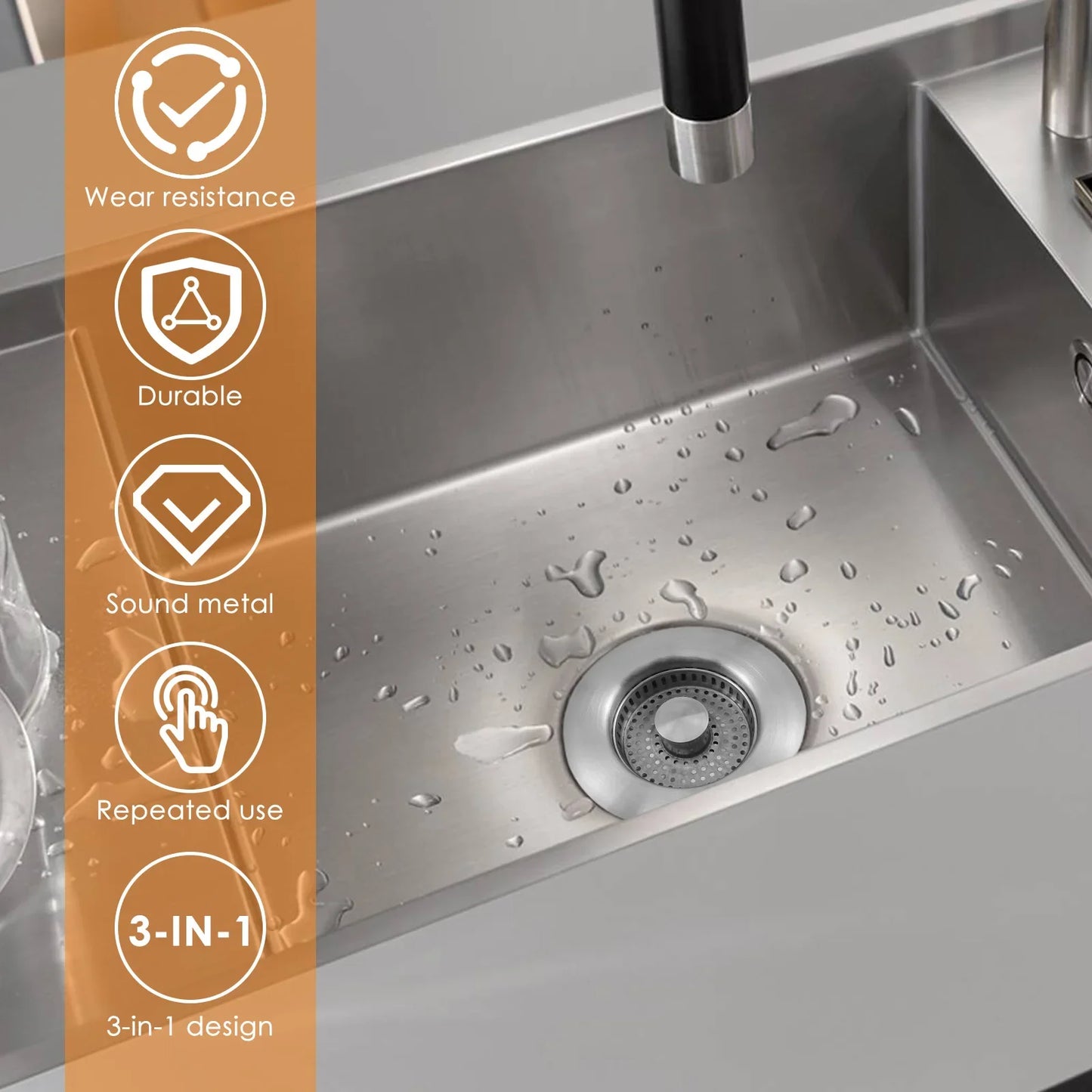 3 In 1 Kitchen Sink Drain Strainer Stainless-Steel Pop-Up Sink Stopper, Anti Clogging