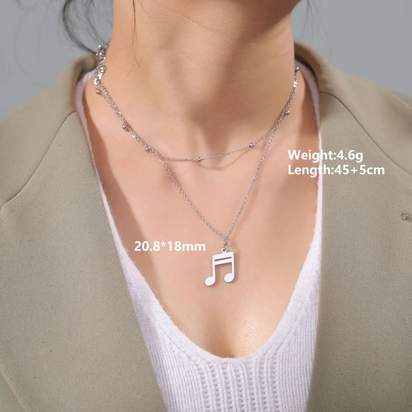 Music Note Pendant Necklace Stainless Steel